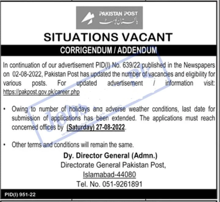 Pakistan Post Office Jobs Last Date Extended