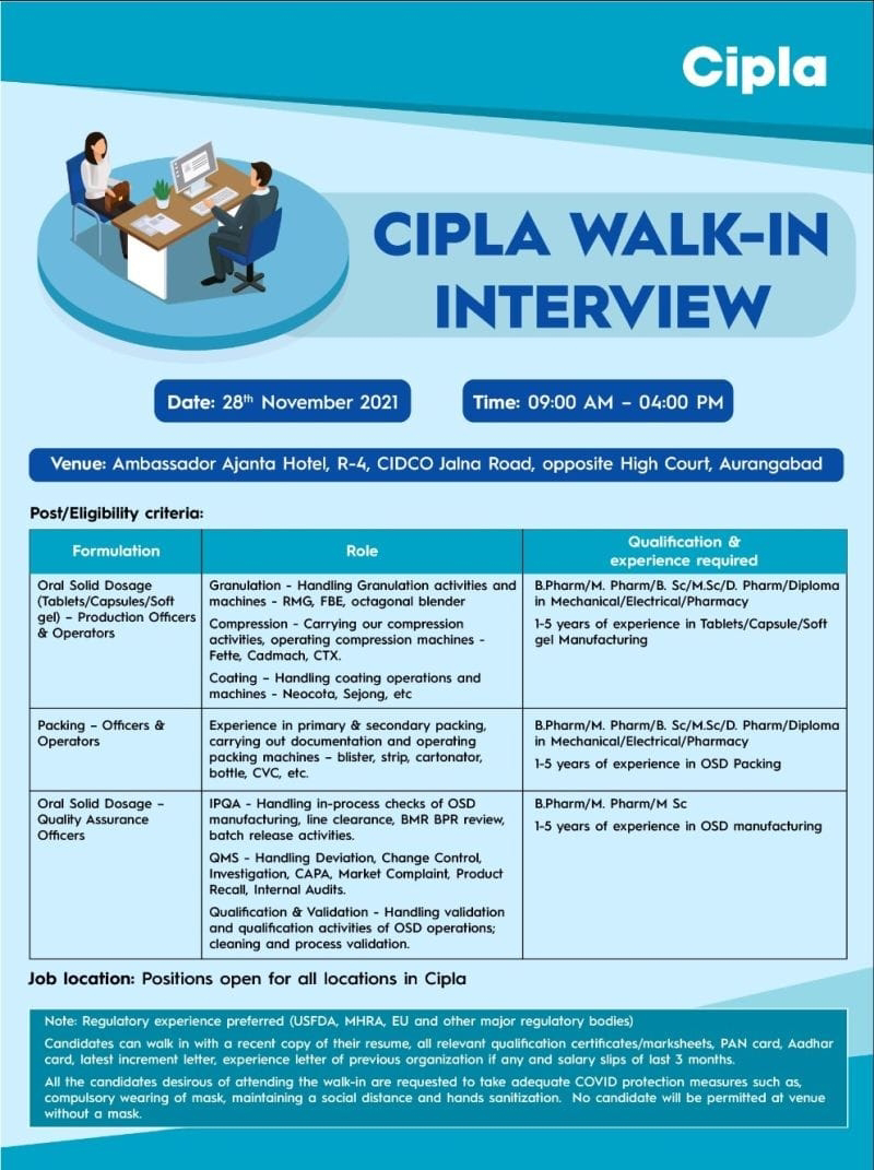 Job Availables,Cipla Walk-In-Interview For B.Pharm/ M.Pharm/ D.Pharm/ BSc/ MSc/ Diploma in Mechanical/ Electrical/ Pharmacy