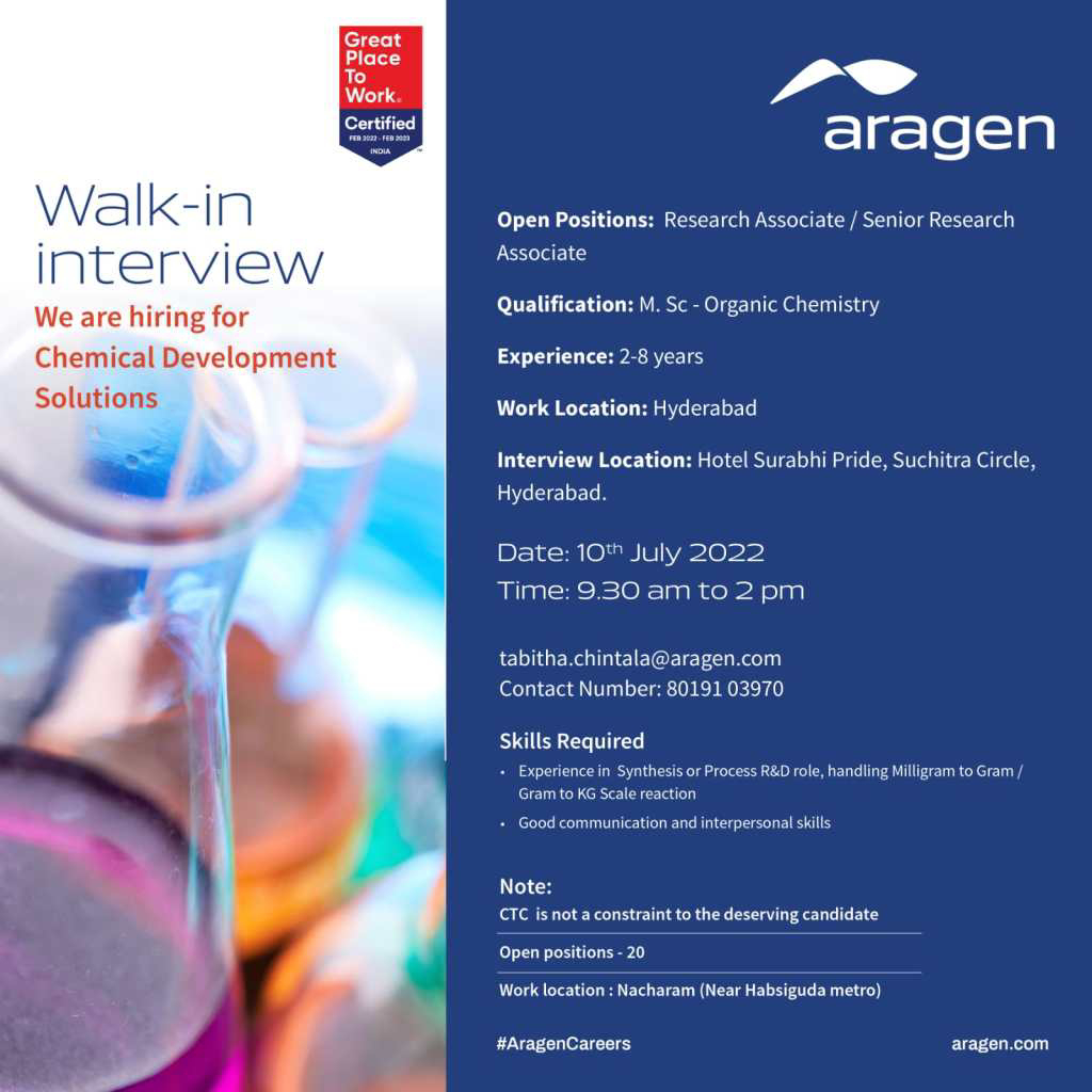 Job Available's for Aragen Life Sciences Pvt Ltd Walk-In Interview for MSc Organic Chemistry