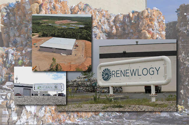 The building and even the signboard are the same. Only the name changed from PK Clean at left to Renewology at right. The two photos, along with an aerial view of the Sustain plant in Nova Scotia, are placed on a background image of a literal wall of “Energy Bags” stockpiled in Boise, Idaho.