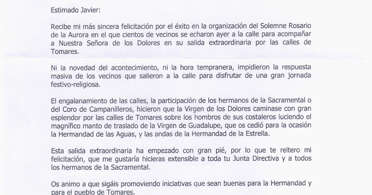 Costaleros Hermandad Sacramental de Tomares: CARTA DE 