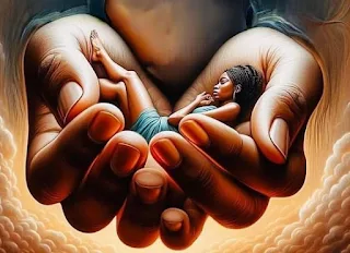 little girl lay in giant hands from the clouds