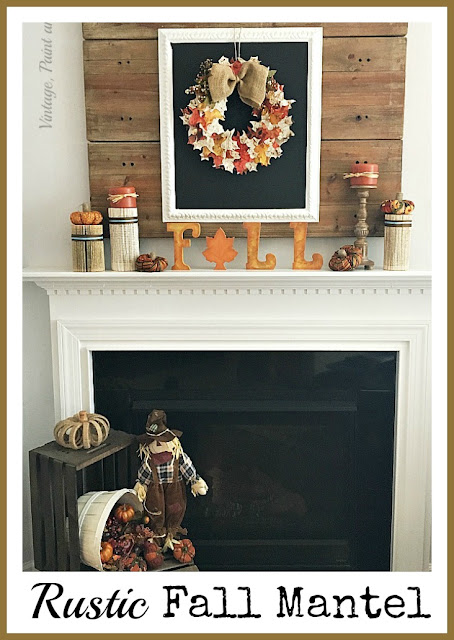 Vintage, Paint and more... rustic fall mantel with chalkboard, paper leaf wreath, book page columns, little fabric pumpkins and diy FALL sign