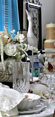 Plum Creek Place - Seashells and Roses Coastal Tablescape - DIY Shell Encrusted Candle Holders 