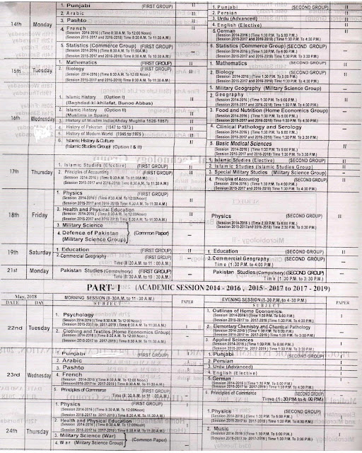 Date Sheet of FA & FSc BISE Lahore  Board, HSSC Date Sheet 2018 Part 1, 2, Download  Date Sheet HSSC Part & 2, Introduction of BISE Lahore, Punjab, Lahore, Pakistan, date Sheet