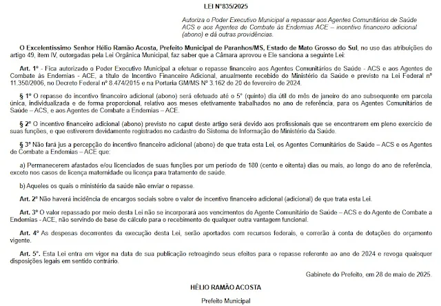 incentivo financeiro adicional, abono ACS, abono ACE, agentes de saúde, agentes de endemias, Hélio Ramão Acosta, saúde pública