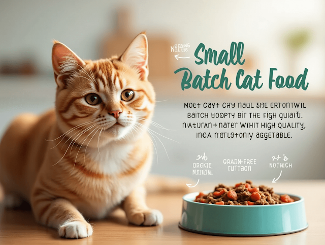 A vibrant, healthy cat with a sleek coat sitting next to a bowl of high-quality small batch cat food, surrounded by fresh ingredients like real meat, fish, and vegetables.