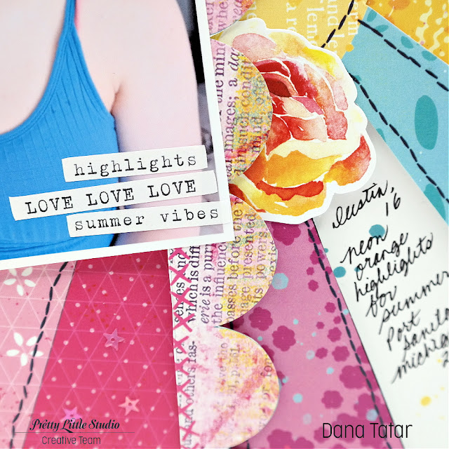 Journaling with Word Stickers on a Photo on a Rainbow Sunburst Teen Scrapbook Layout