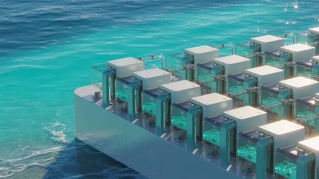 A photograph of a futuristic electrolysis plant situated directly on the edge of a turquoise ocean, showcasing green hydrogen production from seawater. Gleaming white and teal modular units are arranged in a tiered fashion, connected by transparent tubes filled with gently bubbling water. Sunlight reflects off the metallic surfaces, highlighting the clean energy process while gentle waves lap against the facility's base. The sky is a clear azure blue, symbolizing a sustainable and bright future powered by "green hydrogen".