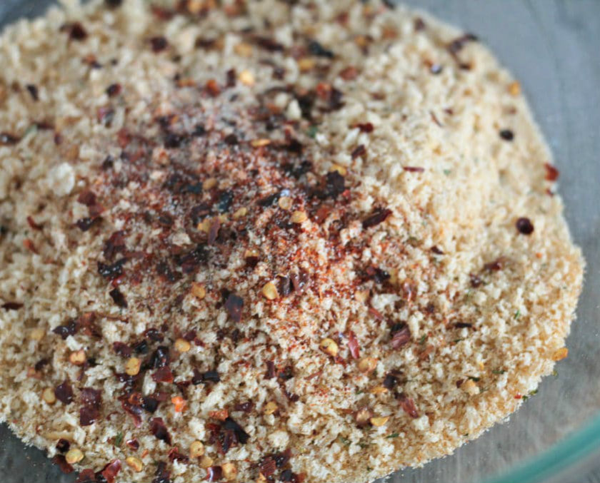 Mix breadcrumbs with chili flakes