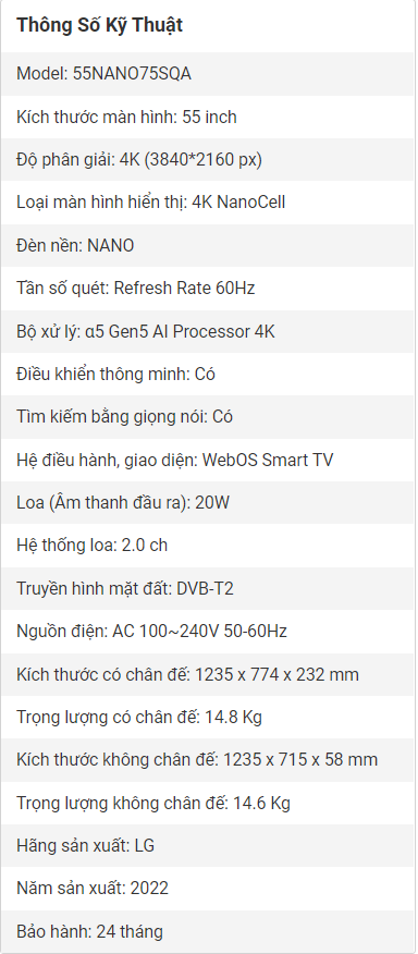 Smart Tivi LG 55 Inch 4K NanoCell 55NANO75SQA