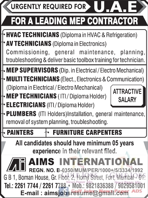 MEP Contracting company jobs for UAE