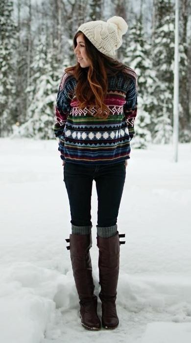 Cute Outfit_knit hat + sweater + skinnies + over knee socks + boots