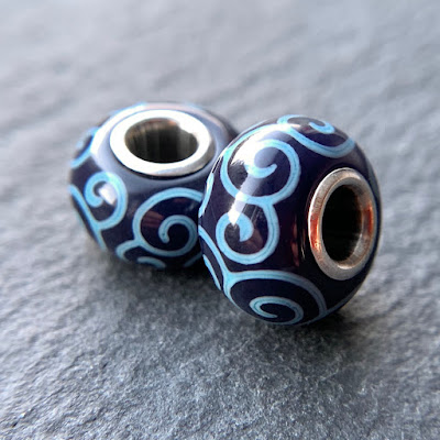 Handmade lampwork glass silver core big hole charm beads by Laura Sparling made with CiM Blueberry Muffin