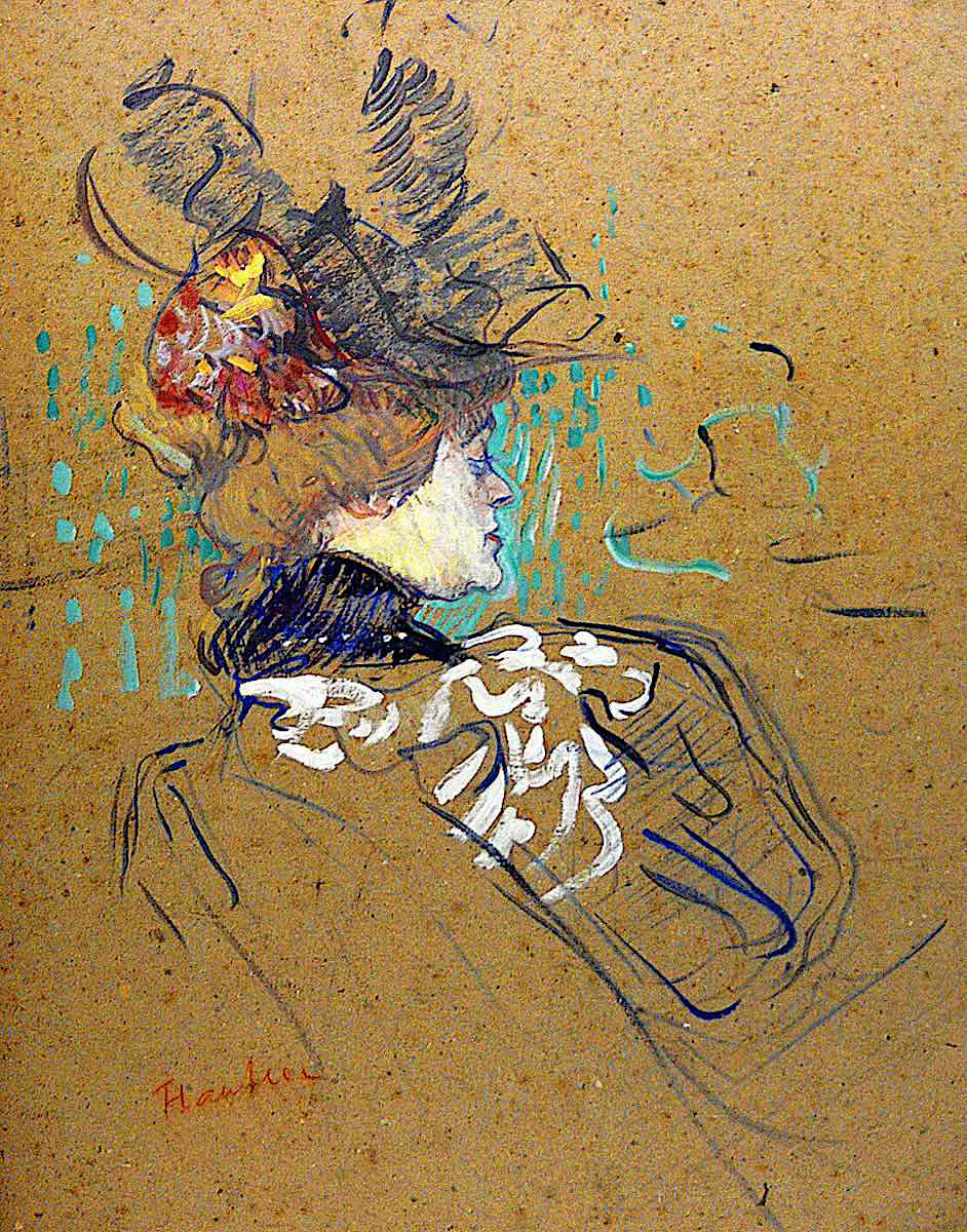 a Toulouse Lautrec color sketch of a woman in profile