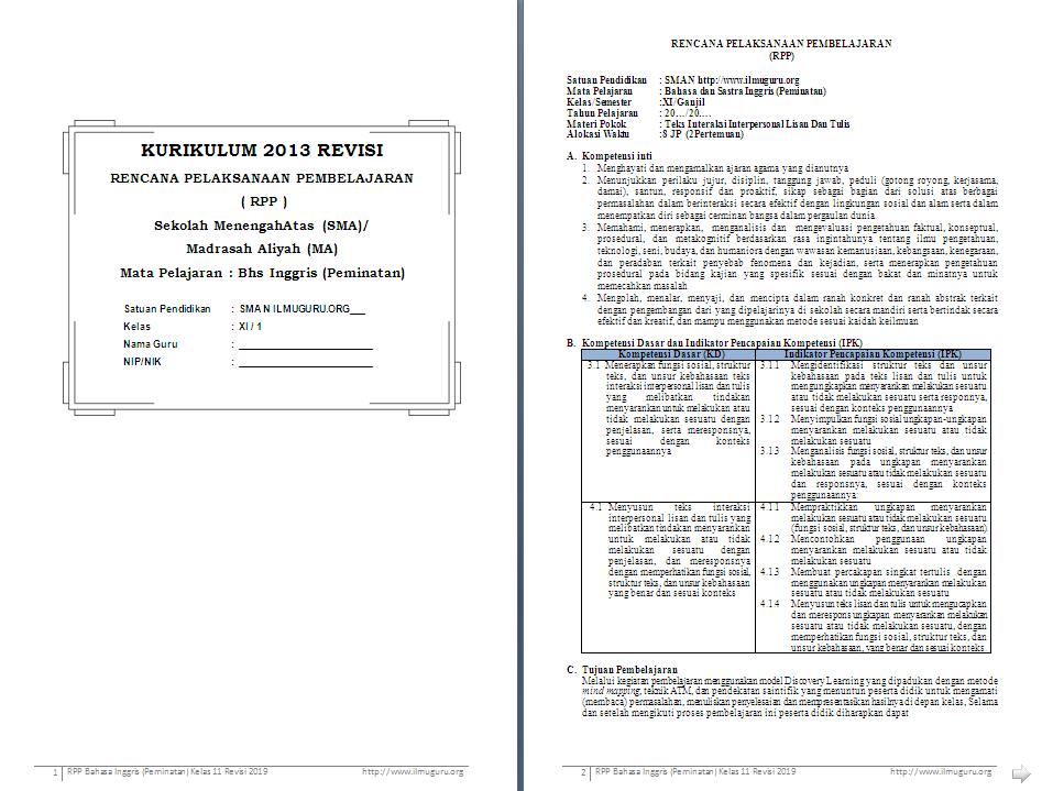 RPP 1 Lembar Bahasa Inggris Peminatan Kelas 11 SMA/MA Semester 1