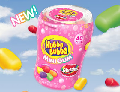 A bottle of Hubba Bubble Mini Gum in Skittles Flavors.