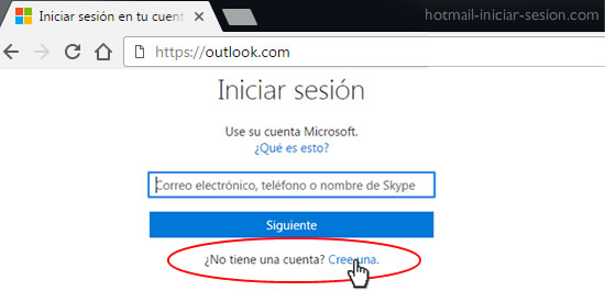 entrar a outlook.com y click en crear una