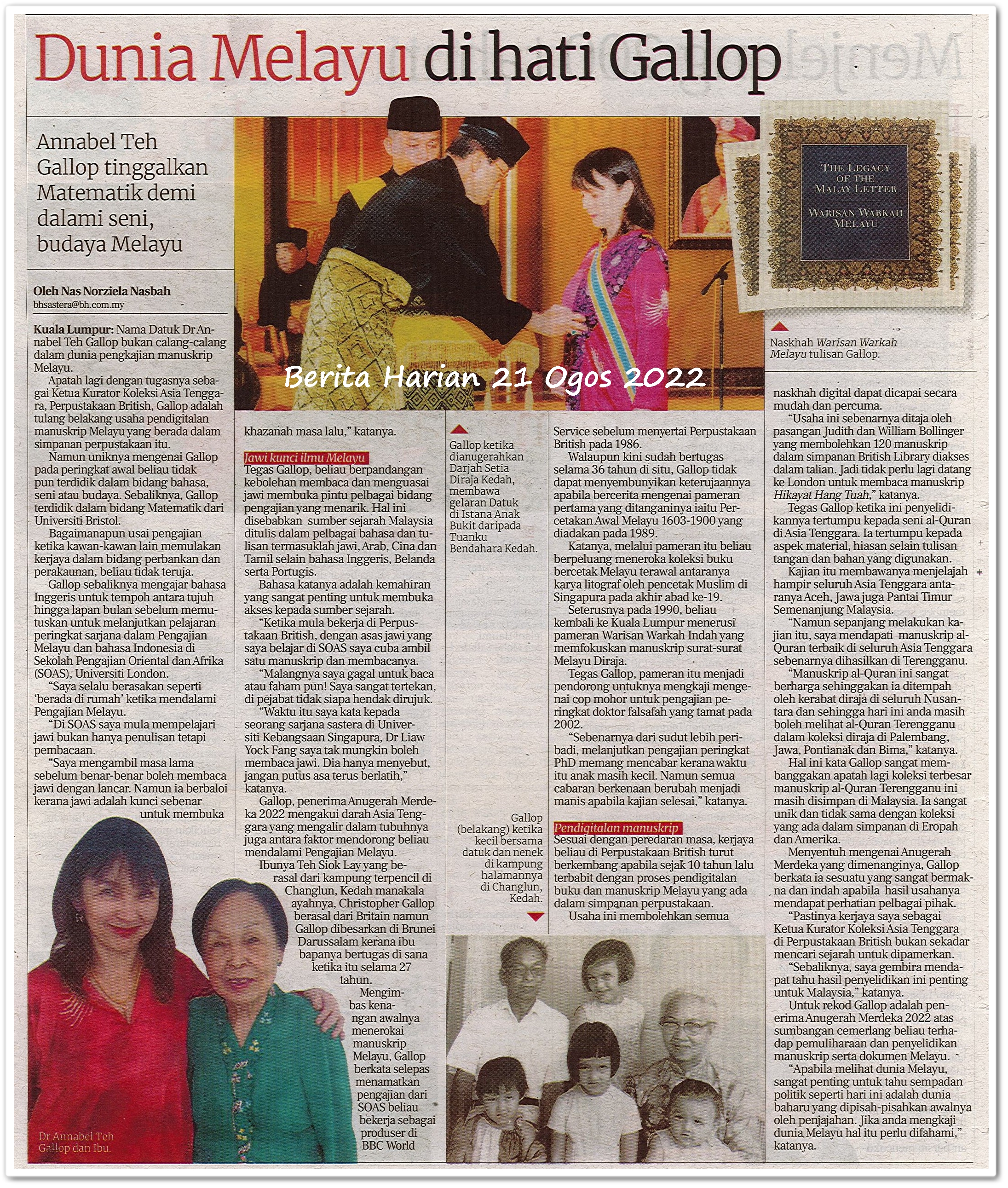 Dunia Melayu di hati Gallop - Annabel Teh Gallop tinggalkan Matematik demi dalami seni, budaya Melayu - Keratan akhbar Berita Harian 21 Ogos 2022
