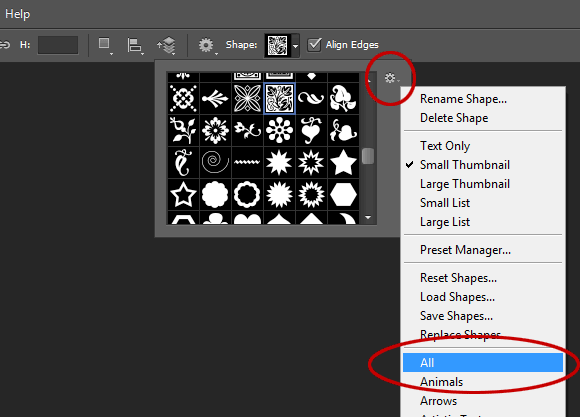 If you do not find a hexagon shape in the panel, click the arrow in the upper-right corner, and choose “All”.