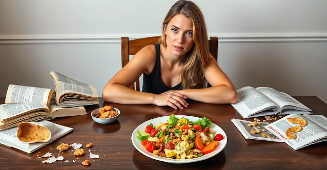 A person sitting at a table with a plate of healthy food in front of them, looking determined. The table is cluttered with empty diet books and half-eaten snacks, symbolizing the struggle and eventual triumph over failed diets.