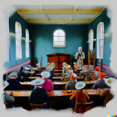 A digitally-created 'watercolour' with a series of children seated in rows in an historical classroom