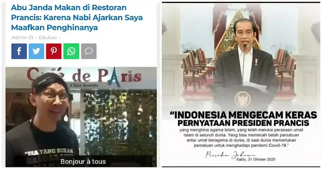 Abu Janda baru saja "acting" di Cafe Paris makan-makan sambil menyalahkan umat Islam bahkan dunia yang marah atas penghinaan Nabi Muhammad SAW melalui karikatur Charli Hebdo. Janda sok manusiawi menyatakan umat Islam harus memaafkan penghina Nabi. Ini ajaran Nabi, katanya asbun. Tidak lama kemudian Presiden Jokowi bersama pemuka agama menyatakan kecaman kepada Pemerintah Prancis atas karikatur penistaan Nabi Muhammad SAW itu. Abu Janda penjilat dan penggoreng umat kena skak mat oleh pernyataan tersebut. Terbayang wajah ruwetnya. Blepotan.