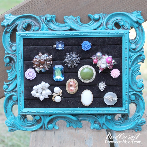 Vintage Frame Ring Holders!  Turn an old frame into a stunning ring display holder!   Upcycled crafts are my favorite. I love taking something old and making it something new.   Make ring display holders for gifts, displays for boutique sales, or just to display your favorite rings on your nightstand.