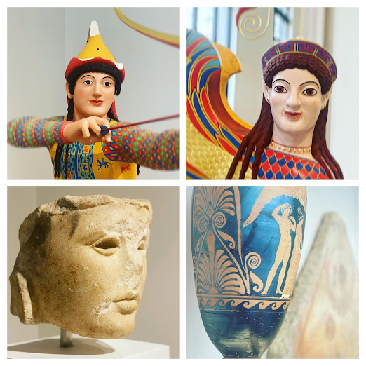 Collage of Marble Archer, Sphinx, Athena Medici, and Greek Amphora Vase