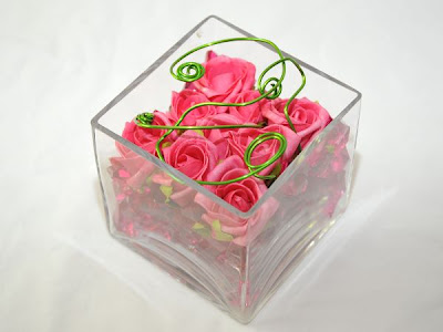 Pink Roses with Green Wire Accent in Square Glass Vase Flower Centerpiece