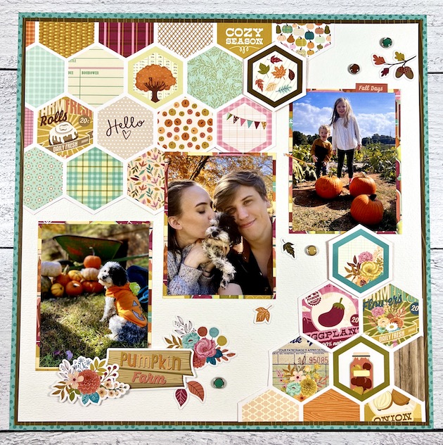 12x12 Fall Scrapbook Layout with hexagon shapes