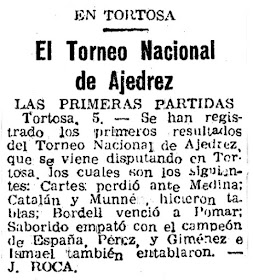 I Torneo Nacional de Ajedrez de Tortosa 1948, recorte de El Mundo Deportivo