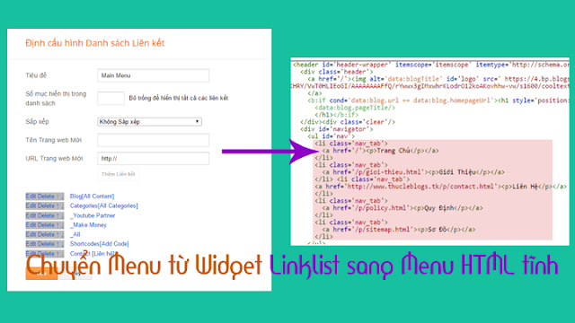 Chuyển Menu từ Widget Linklist sang Menu HTML tĩnh