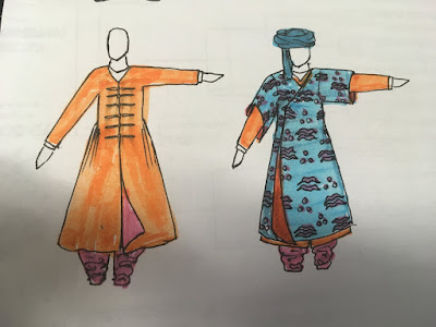 Two sketches of figures in black pen, colored with highlighter, showing layers of medieval Persian men's clothing. The figure on the left has a long orange coat with pink lining, and pink trousers. The figure on the right has a blue, shorter-sleeved coat over that outfit, and a blue turban.