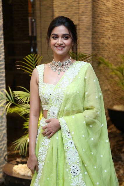 Keerthy Suresh looking radiant in a light green saree.