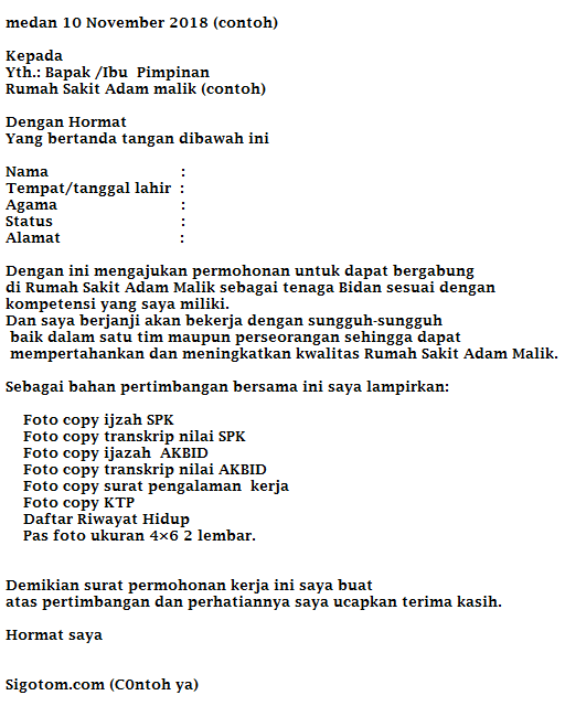 Contoh surat lamaran kerja kebidanan yang baik Sigotom