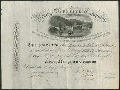 share certificate from the Newry Navigation Company issued to the Earl of Kilmorey