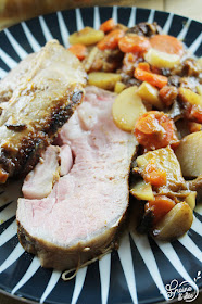 Rôti de Noir de Bigorre Légume Pommes de Terre Carotte Pruneaux Piment d'Espelette Recette