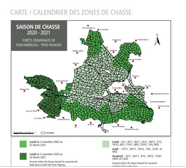 Carte et calendrier des chasses à tir en domaniale de Fontainebleau et des Trois Pignons jusqu'en février 2021