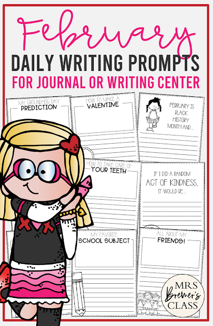 February writing prompt templates for daily journal writing or a writing center in Kindergarten First Grade Second Grade