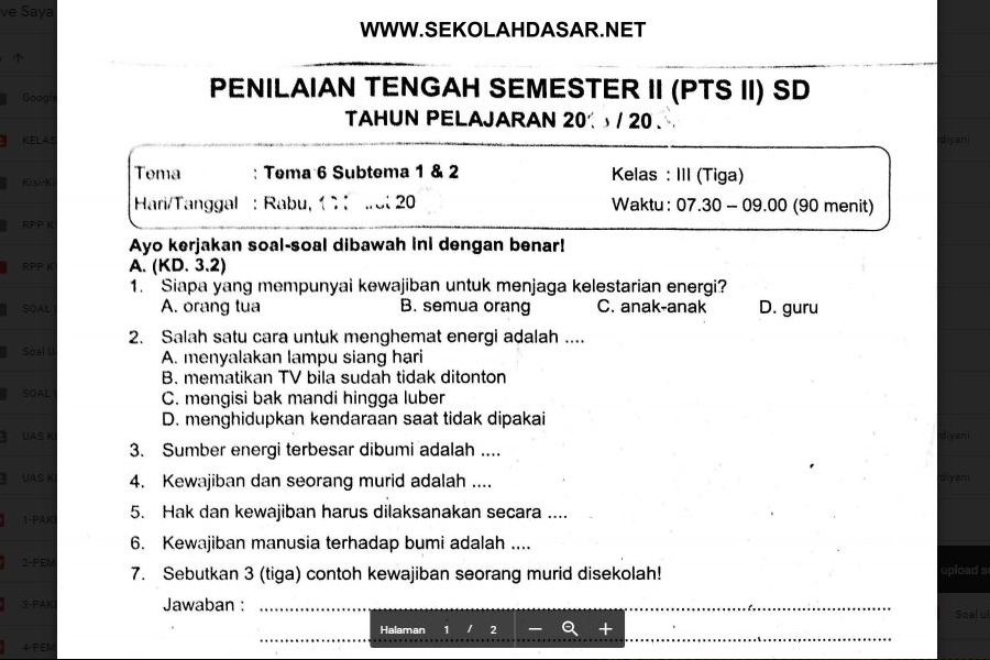 Soal Ulangan Kelas 3 Tema 6 Subtema 1 Dan 2