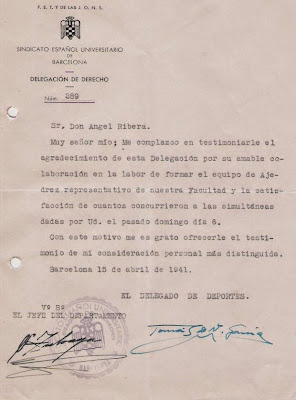 Carta de agradecimiento del Sindicato Español Universitario 1941