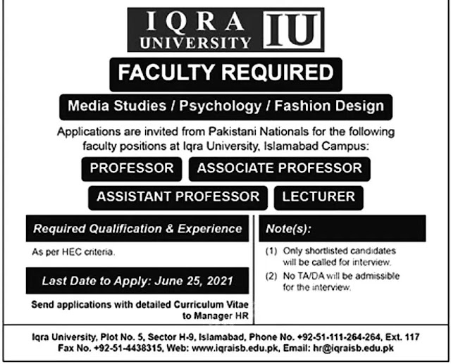 Universities Jobs-Iqra University Jobs- Universities Jobs June 2021