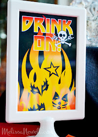 drink on sign, KISS, rocker party decor, table sign, skull, fire