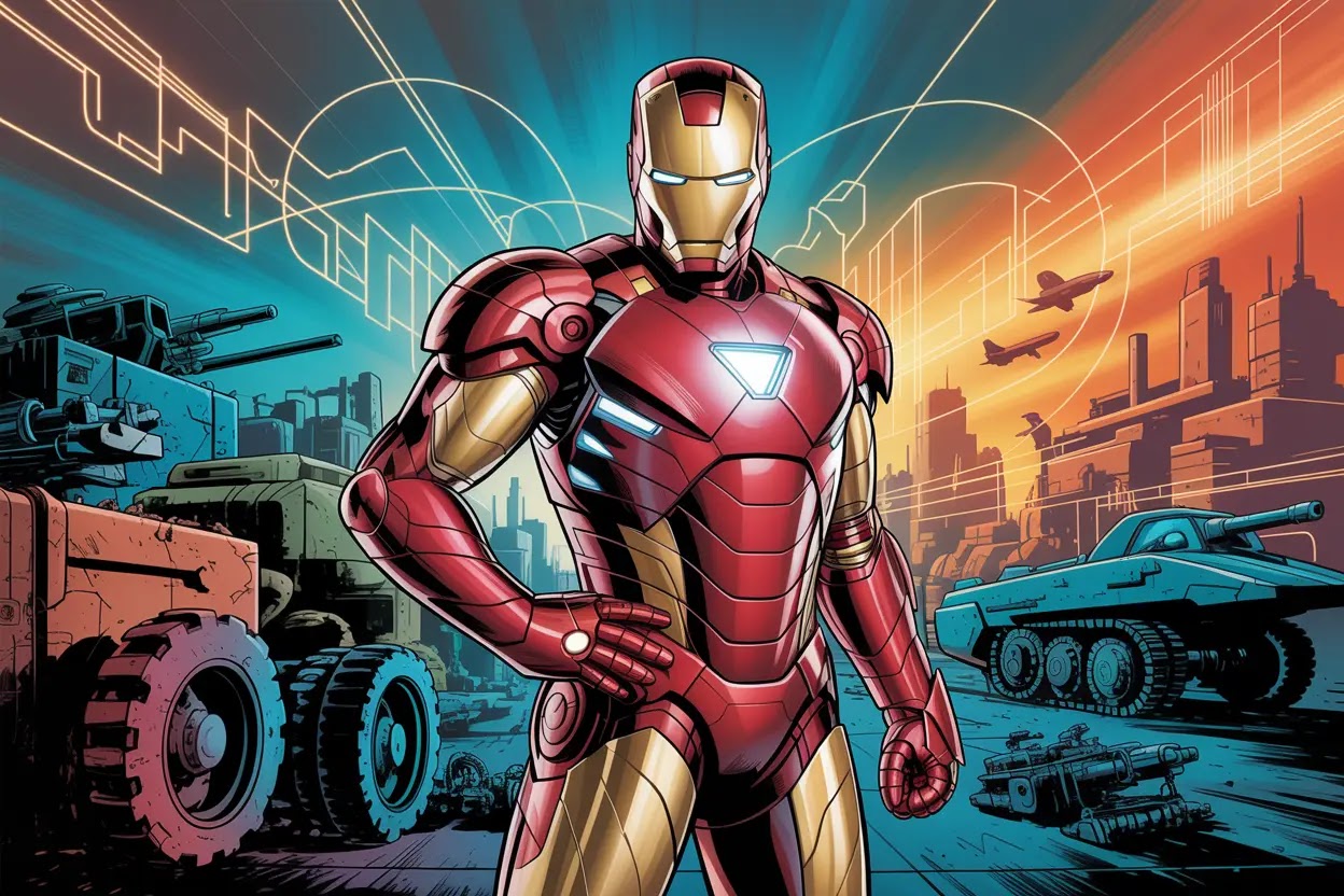 Comic art of Iron Man armor against a background of industrial machinery and military vehicles, symbolizing his connection to the military-industrial complex.
