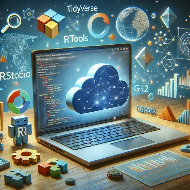 A 3D illustration of a laptop screen displaying the RStudio IDE with various code windows open. The background includes elements like R packages (tidyverse, ggplot2) in a cloud-shaped icon, RTools, and Visual Studio Code symbols floating around the laptop.