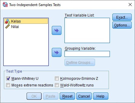 kotak dialog Two-Independent Samples Test