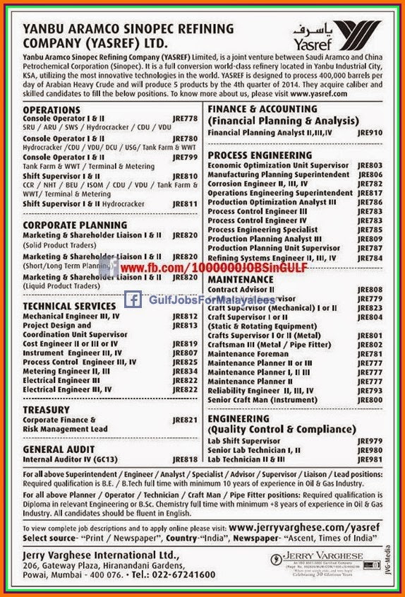 Yanby Aramco Sincope Refining Company KSA JOBS