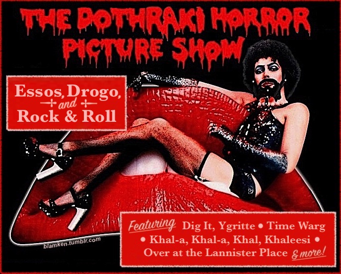 Tim Curry as Frank N. Furter in 'The Rocky Horror Picture Show' with a beaded beard like Khal Drogo's in 'Game of Thrones', underneath familiar dripping red logo altered to read 'The Dothraki Horror Picture Show'