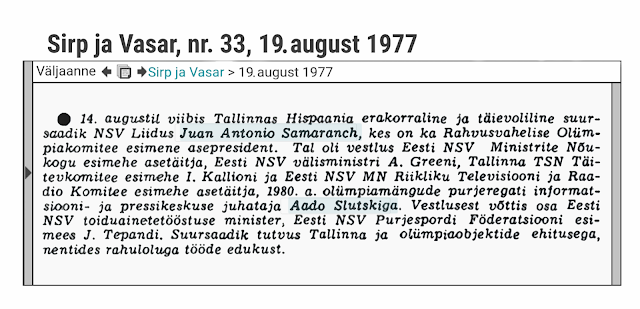 Samaranchi Talllinna-kohtumist pressikajastus, SjaV 1977